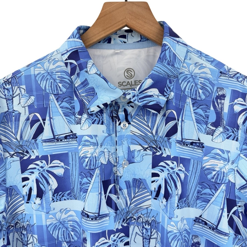 Scales Polo Shirt Mens S Blue Sailboat Lobster Tropical Performance Sport Top